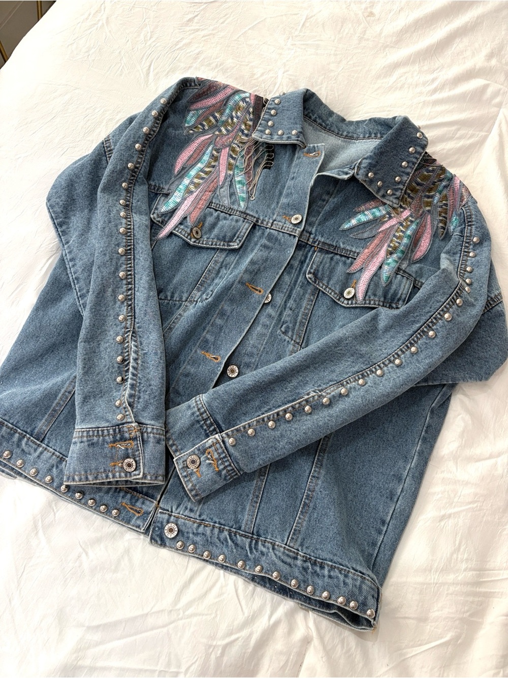 Bershka Blue Denim Jacket with Pastel Feather Embroidery and Studs